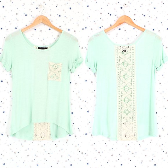 Short Sleeve Crochet Lace Detail Tee Mint - Picture 1 of 8